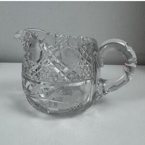 Vintage Clear Cut Crystal Creamer Floral Etched Heavy‎ Starburst Base Unmarked